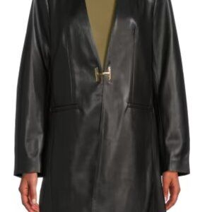 Halston Collarless Faux Leather Longline Coat size 2 black